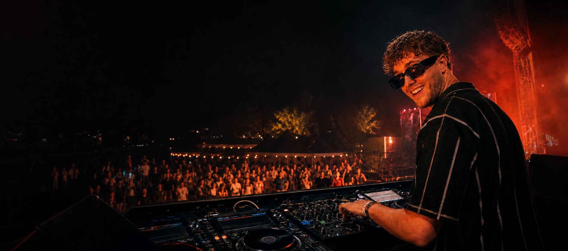 LSTEN performing behind a DJ booth at sunset